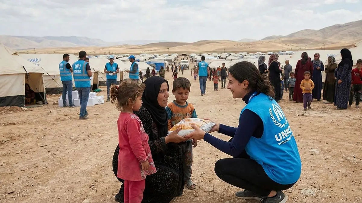 UNHCR female volunteer helping a woman with children in a refugee camp. The image is generated with AI and is used for reference only.