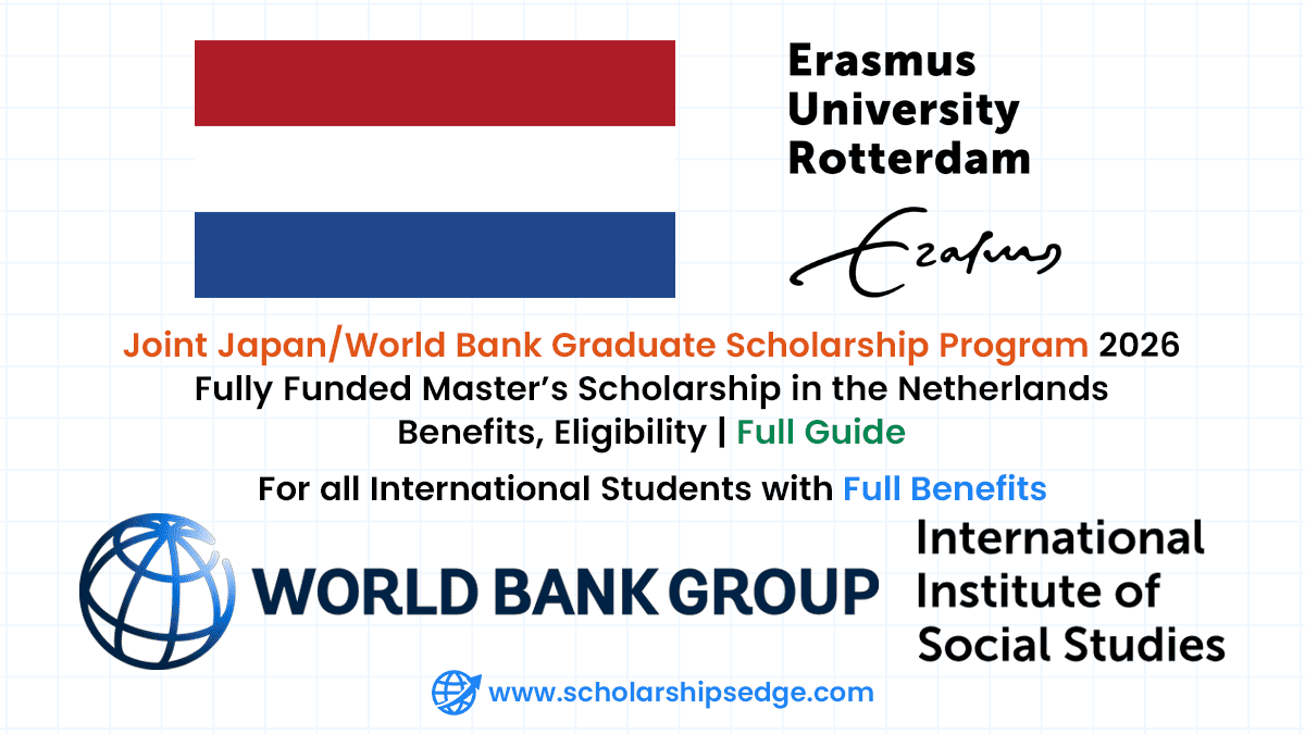 The Joint Japan/World Bank Graduate Scholarship Program (JJ/WBGSP) offers a fully funded master’s program at the International Institute of Social Studies (ISS) in the Netherlands to citizens of member countries of the World Bank.