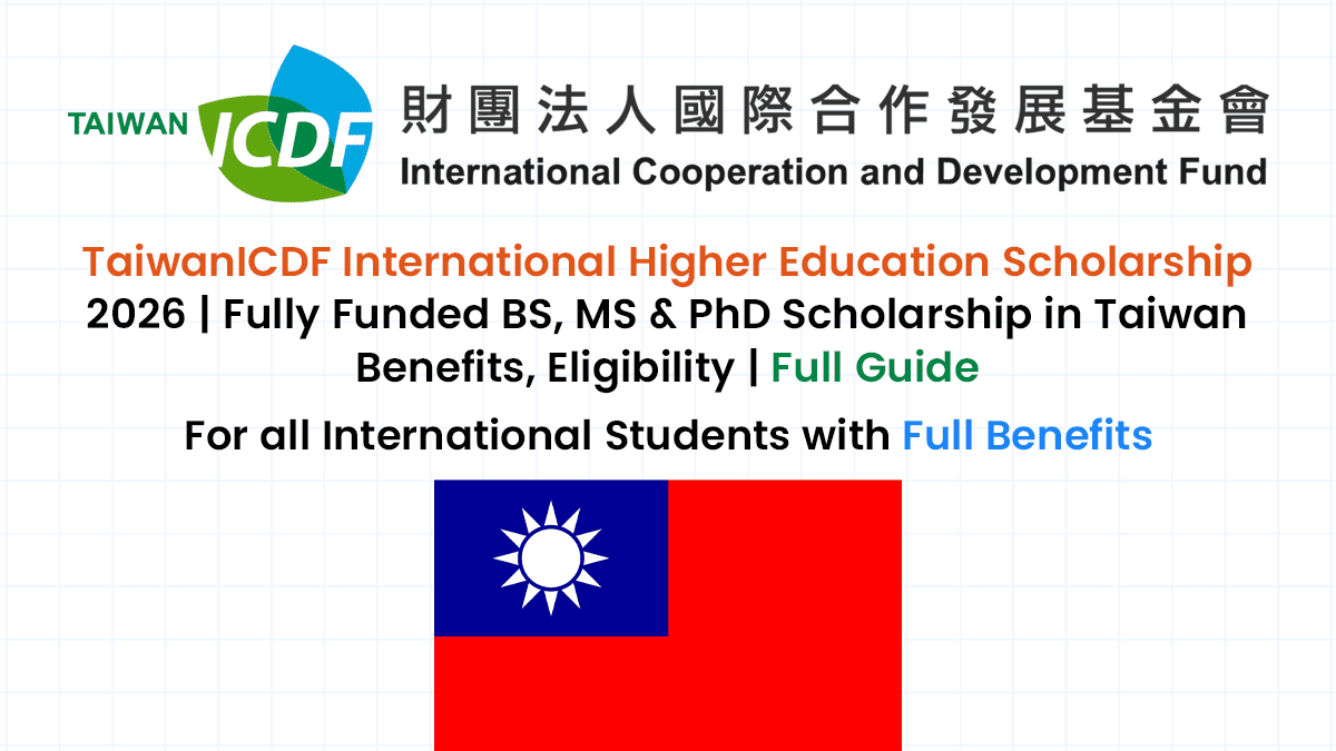 The TaiwanICDF International Higher Education Scholarship offers students from eligible countries a fully funded opportunity to pursue undergraduate, master’s, or PhD programs at top Taiwanese universities